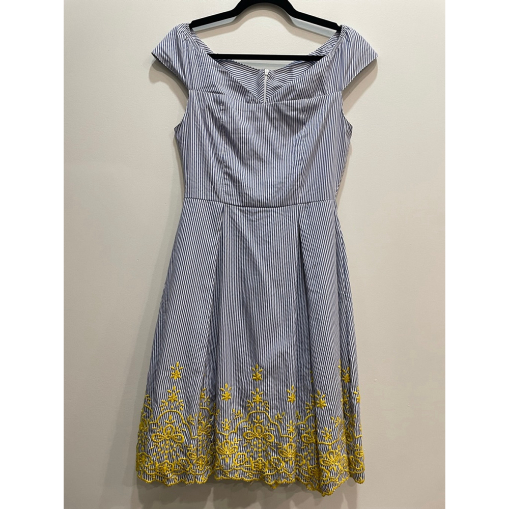 Nicole Miller Stripe Floral Embroidered Dress 4 Sailor Nautical Preppy Coastal